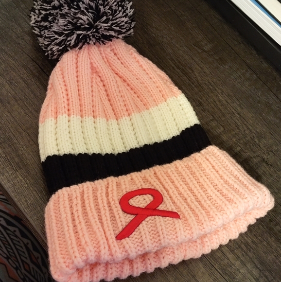 Knit Breast Cancer Awareness Winter Pompom Hat - Winter Beanie Hat - Picture 2 of 2